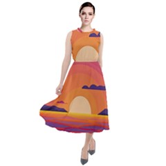 Sunset Ocean Beach Water Tropical Island Vacation Landscape Round Neck Boho Dress by Pakemis