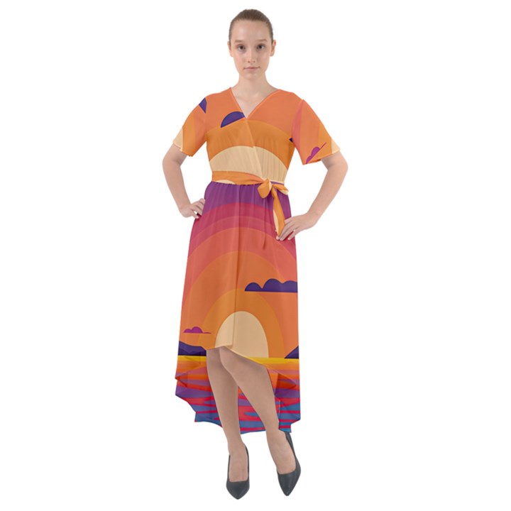 Sunset Ocean Beach Water Tropical Island Vacation Landscape Front Wrap High Low Dress