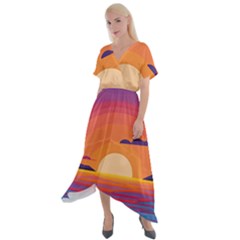 Sunset Ocean Beach Water Tropical Island Vacation Landscape Cross Front Sharkbite Hem Maxi Dress by Pakemis