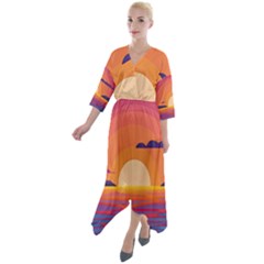 Sunset Ocean Beach Water Tropical Island Vacation Landscape Quarter Sleeve Wrap Front Maxi Dress by Pakemis