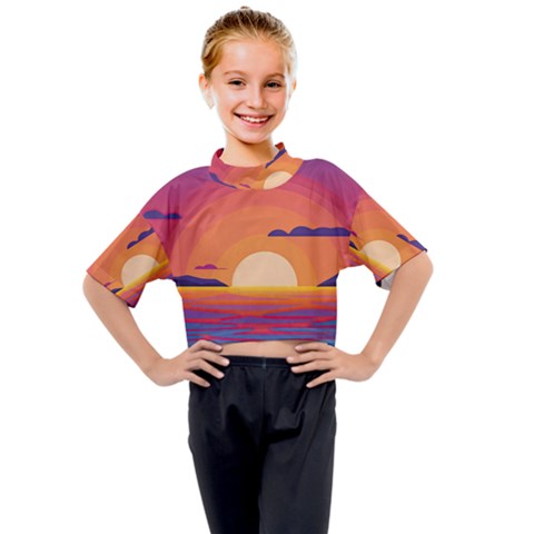 Sunset Ocean Beach Water Tropical Island Vacation Landscape Kids Mock Neck Tee by Pakemis