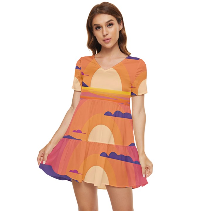 Sunset Ocean Beach Water Tropical Island Vacation Landscape Tiered Short Sleeve Babydoll Dress