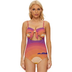 Sunset Ocean Beach Water Tropical Island Vacation Landscape Knot Front One-piece Swimsuit by Pakemis