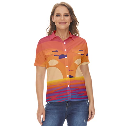 Sunset Ocean Beach Water Tropical Island Vacation Landscape Women s Short Sleeve Double Pocket Shirt by Pakemis