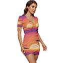 Sunset Ocean Beach Water Tropical Island Vacation Landscape Low Cut Cap Sleeve Mini Dress View3