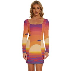 Sunset Ocean Beach Water Tropical Island Vacation Landscape Long Sleeve Square Neck Bodycon Velvet Dress by Pakemis