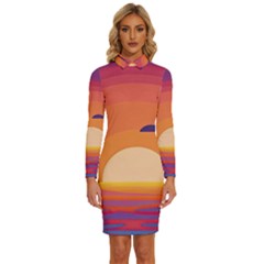 Sunset Ocean Beach Water Tropical Island Vacation Landscape Long Sleeve Shirt Collar Bodycon Dress by Pakemis