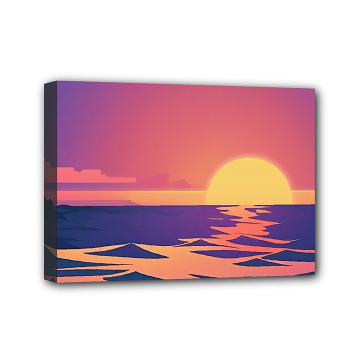 Sunset Ocean Beach Water Tropical Island Vacation Mini Canvas 7  x 5  (Stretched)