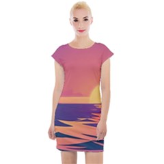 Sunset Ocean Beach Water Tropical Island Vacation Cap Sleeve Bodycon Dress by Pakemis