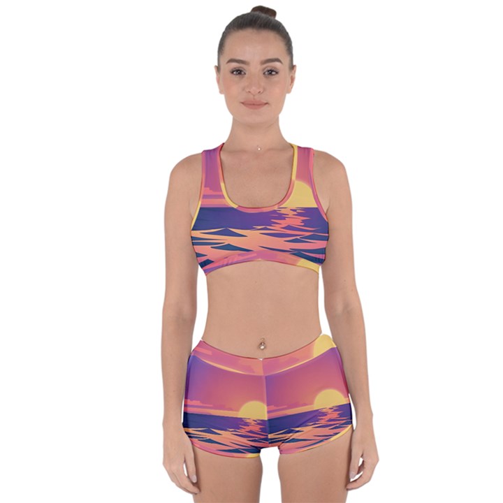 Sunset Ocean Beach Water Tropical Island Vacation Racerback Boyleg Bikini Set