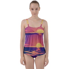 Sunset Ocean Beach Water Tropical Island Vacation Twist Front Tankini Set by Pakemis