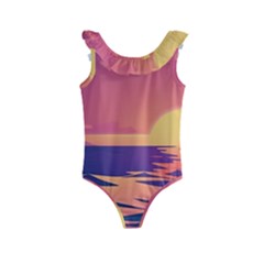 Sunset Ocean Beach Water Tropical Island Vacation Kids  Frill Swimsuit by Pakemis