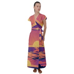 Sunset Ocean Beach Water Tropical Island Vacation Flutter Sleeve Maxi Dress by Pakemis