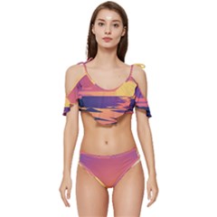 Sunset Ocean Beach Water Tropical Island Vacation Ruffle Edge Tie Up Bikini Set	 by Pakemis