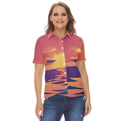 Sunset Ocean Beach Water Tropical Island Vacation Women s Short Sleeve Double Pocket Shirt by Pakemis