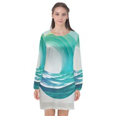 Tsunami Tidal Wave Wave Minimalist Ocean Sea 2 Long Sleeve Chiffon Shift Dress  by Pakemis