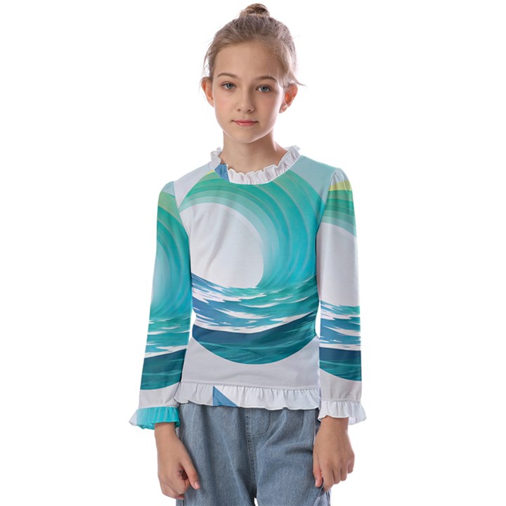 Tsunami Tidal Wave Wave Minimalist Ocean Sea 2 Kids  Frill Detail Tee