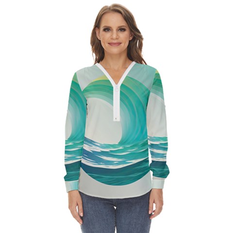 Tsunami Tidal Wave Wave Minimalist Ocean Sea 2 Zip Up Long Sleeve Blouse by Pakemis