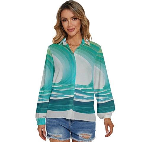 Tsunami Tidal Wave Wave Minimalist Ocean Sea 2 Women s Long Sleeve Button Down Shirt by Pakemis