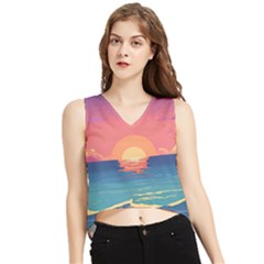 Sunset Ocean Beach Water Tropical Island Vacation 2 V-neck Cropped Tank Top by Pakemis