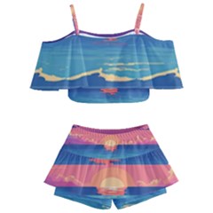 Sunset Ocean Beach Water Tropical Island Vacation 2 Kids  Off Shoulder Skirt Bikini by Pakemis