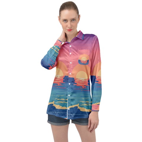 Sunset Ocean Beach Water Tropical Island Vacation 2 Long Sleeve Satin Shirt by Pakemis