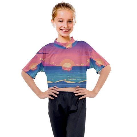 Sunset Ocean Beach Water Tropical Island Vacation 2 Kids Mock Neck Tee by Pakemis