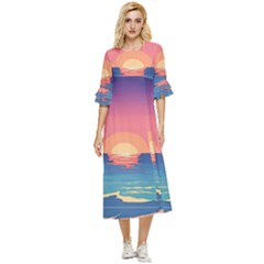 Sunset Ocean Beach Water Tropical Island Vacation 2 Double Cuff Midi Dress by Pakemis