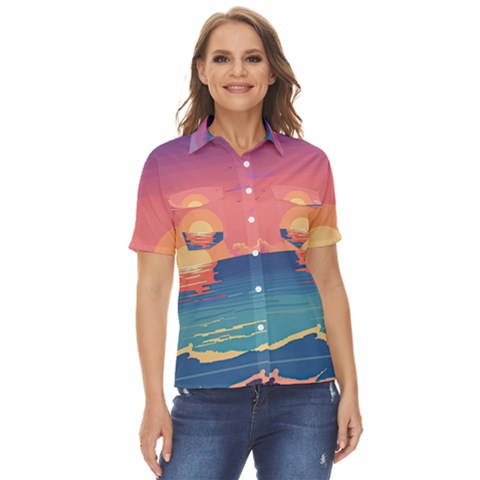 Sunset Ocean Beach Water Tropical Island Vacation 2 Women s Short Sleeve Double Pocket Shirt by Pakemis