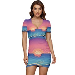 Sunset Ocean Beach Water Tropical Island Vacation 2 Low Cut Cap Sleeve Mini Dress by Pakemis