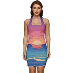 Sunset Ocean Beach Water Tropical Island Vacation 2 Sleeveless Wide Square Neckline Ruched Bodycon Dress by Pakemis