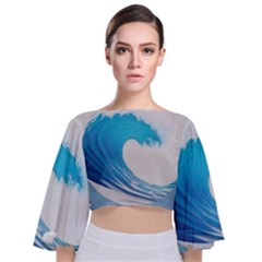 Wave Tsunami Tidal Wave Ocean Sea Water Tie Back Butterfly Sleeve Chiffon Top by Pakemis