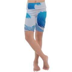 Wave Tsunami Tidal Wave Ocean Sea Water Kids  Lightweight Velour Cropped Yoga Leggings by Pakemis