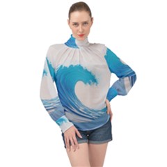 Wave Tsunami Tidal Wave Ocean Sea Water High Neck Long Sleeve Chiffon Top by Pakemis