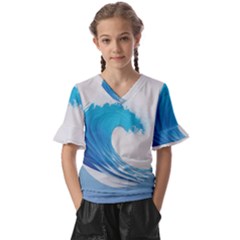 Wave Tsunami Tidal Wave Ocean Sea Water Kids  V-neck Horn Sleeve Blouse by Pakemis