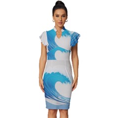 Wave Tsunami Tidal Wave Ocean Sea Water Vintage Frill Sleeve V-neck Bodycon Dress by Pakemis