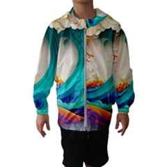 Tsunami Tidal Wave Wave Minimalist Ocean Sea 3 Kids  Hooded Windbreaker by Pakemis