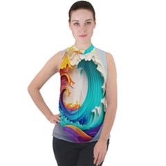 Tsunami Tidal Wave Wave Minimalist Ocean Sea 3 Mock Neck Chiffon Sleeveless Top by Pakemis