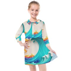 Tsunami Tidal Wave Wave Minimalist Ocean Sea 3 Kids  Quarter Sleeve Shirt Dress by Pakemis