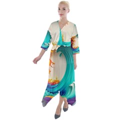 Tsunami Tidal Wave Wave Minimalist Ocean Sea 3 Quarter Sleeve Wrap Front Maxi Dress by Pakemis