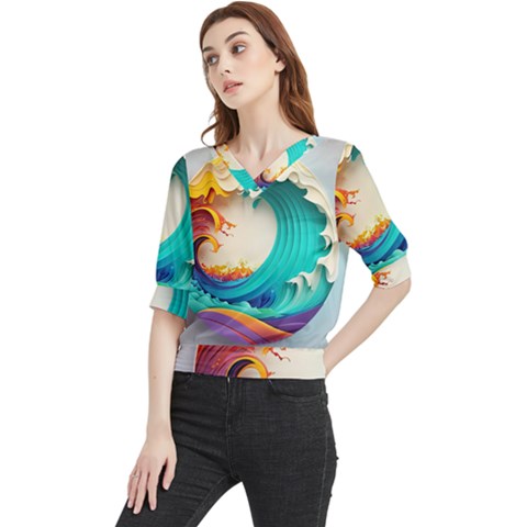 Tsunami Tidal Wave Wave Minimalist Ocean Sea 3 Quarter Sleeve Blouse by Pakemis