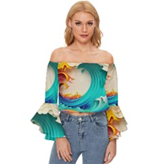 Tsunami Tidal Wave Wave Minimalist Ocean Sea 3 Off Shoulder Flutter Bell Sleeve Top by Pakemis