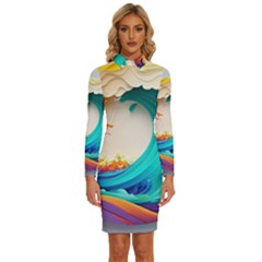 Tsunami Tidal Wave Wave Minimalist Ocean Sea 3 Long Sleeve Shirt Collar Bodycon Dress by Pakemis