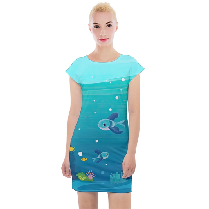 Ai Generated Ocean Sea Fish Aquatic Water Nature 2 Cap Sleeve Bodycon Dress