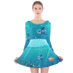 Ai Generated Ocean Sea Fish Aquatic Water Nature 2 Long Sleeve Velvet Skater Dress by Pakemis