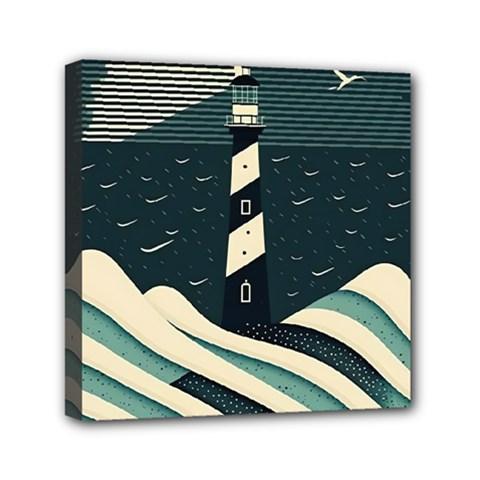 Lighthouse Abstract Ocean Sea Waves Water Blue Mini Canvas 6  X 6  (stretched) by Pakemis