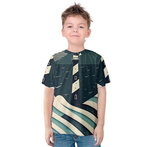 Lighthouse Abstract Ocean Sea Waves Water Blue Kids  Cotton Tee by Pakemis