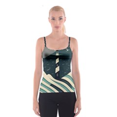 Lighthouse Abstract Ocean Sea Waves Water Blue Spaghetti Strap Top by Pakemis