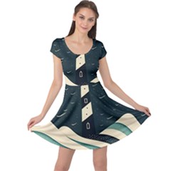 Lighthouse Abstract Ocean Sea Waves Water Blue Cap Sleeve Dress by Pakemis