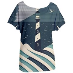 Lighthouse Abstract Ocean Sea Waves Water Blue Women s Oversized Tee by Pakemis